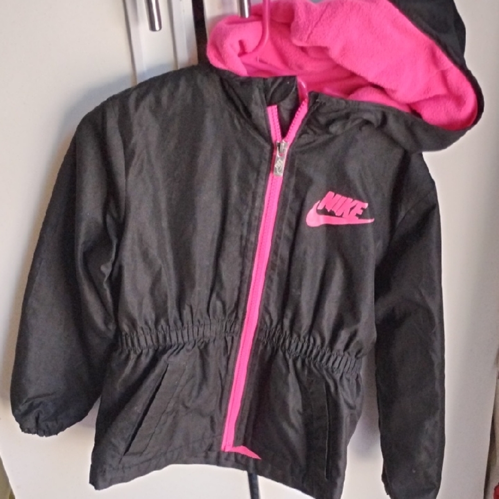 Nike Black and Pink Raincoat with Hood and Elastic Waist
